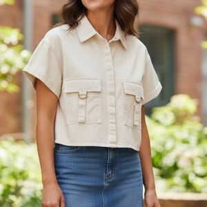 Lone Star Cream Cropped Utility Shirt Boxy Denim Button Front Top